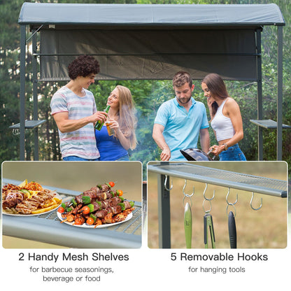 Outsunny 7FT Grill Gazebo BBQ Canopy with Sun Shade Panel Side Awning, 2 Exterior Serving Shelves, 5 Hooks for Patio Lawn Backyard - WoodArtSupply