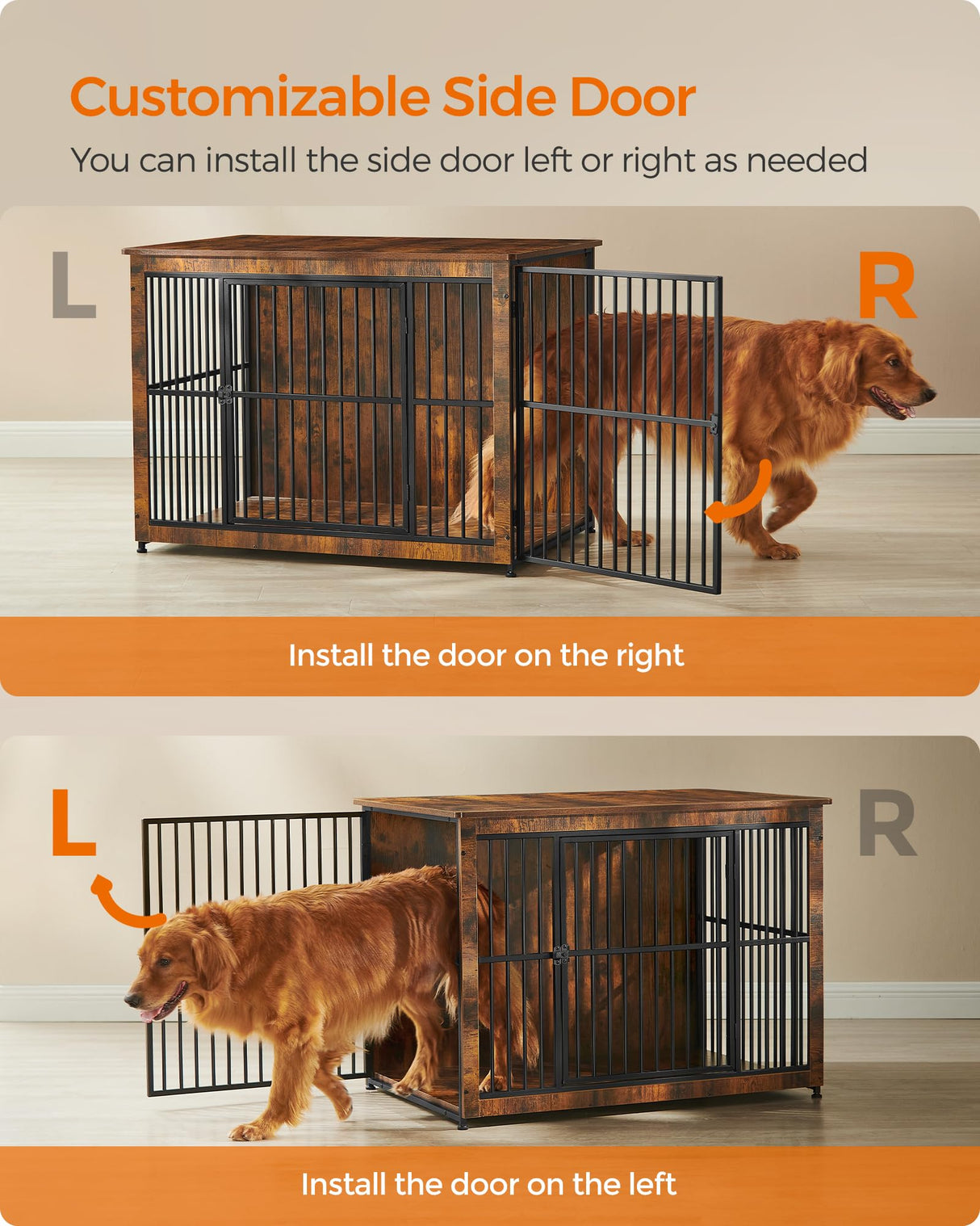 Feandrea Dog Crate Furniture, 43.3" Side End Table, Modern Kennel for Dogs Indoor up to 80 lb, Heavy-Duty Dog Cage with Enclosed Base, Double-Door Dog House, Rustic Brown UPFC024X01 Feandrea