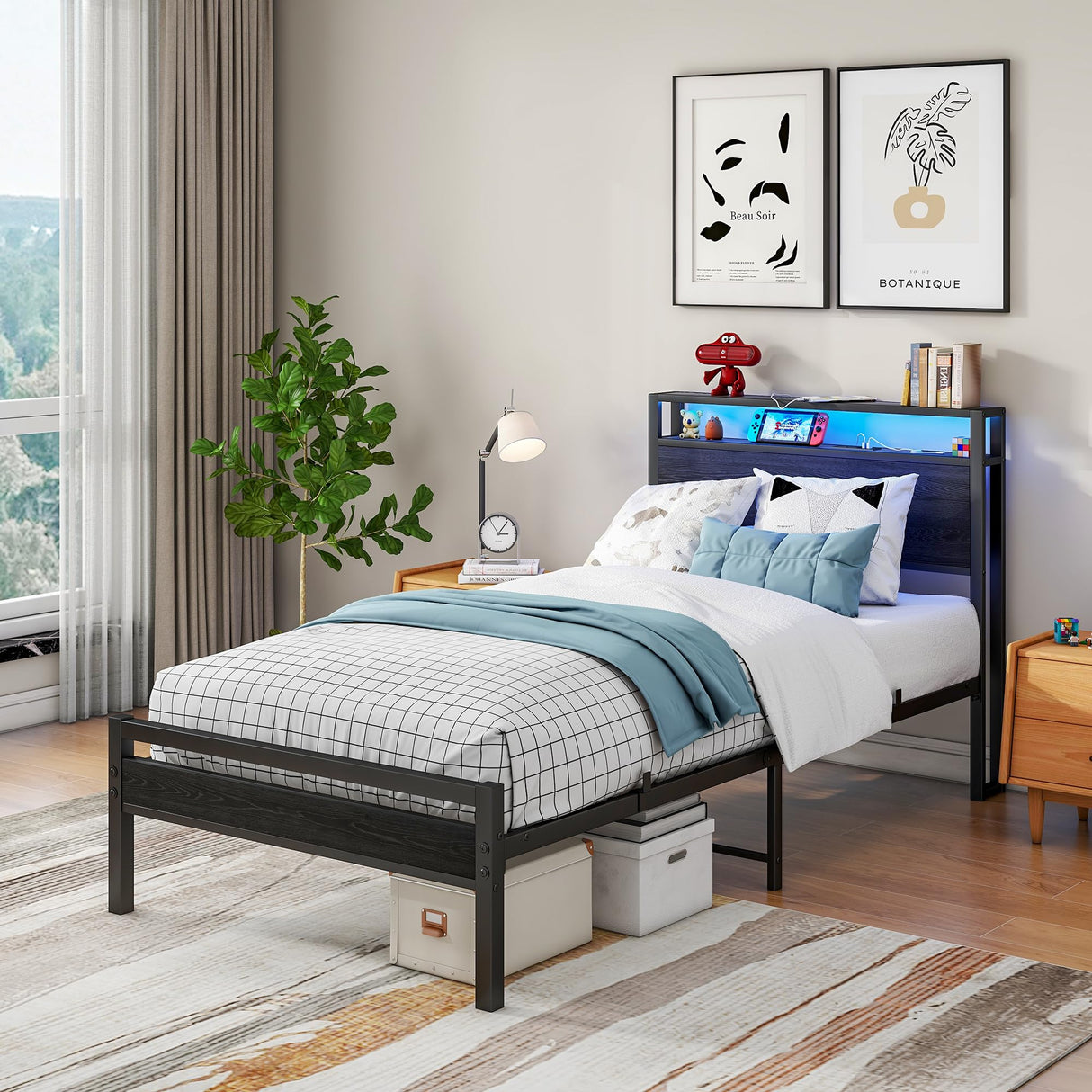 BOFENG Black Twin Bed Frame with Wood Headboard Storage,USB Charging Station/LED Lights,Metal Single Platform Bed Frame Twin Size No Box Spring Needed,Heavy Duty Metal Slats,Mattress Base,Noise Free BOFENG