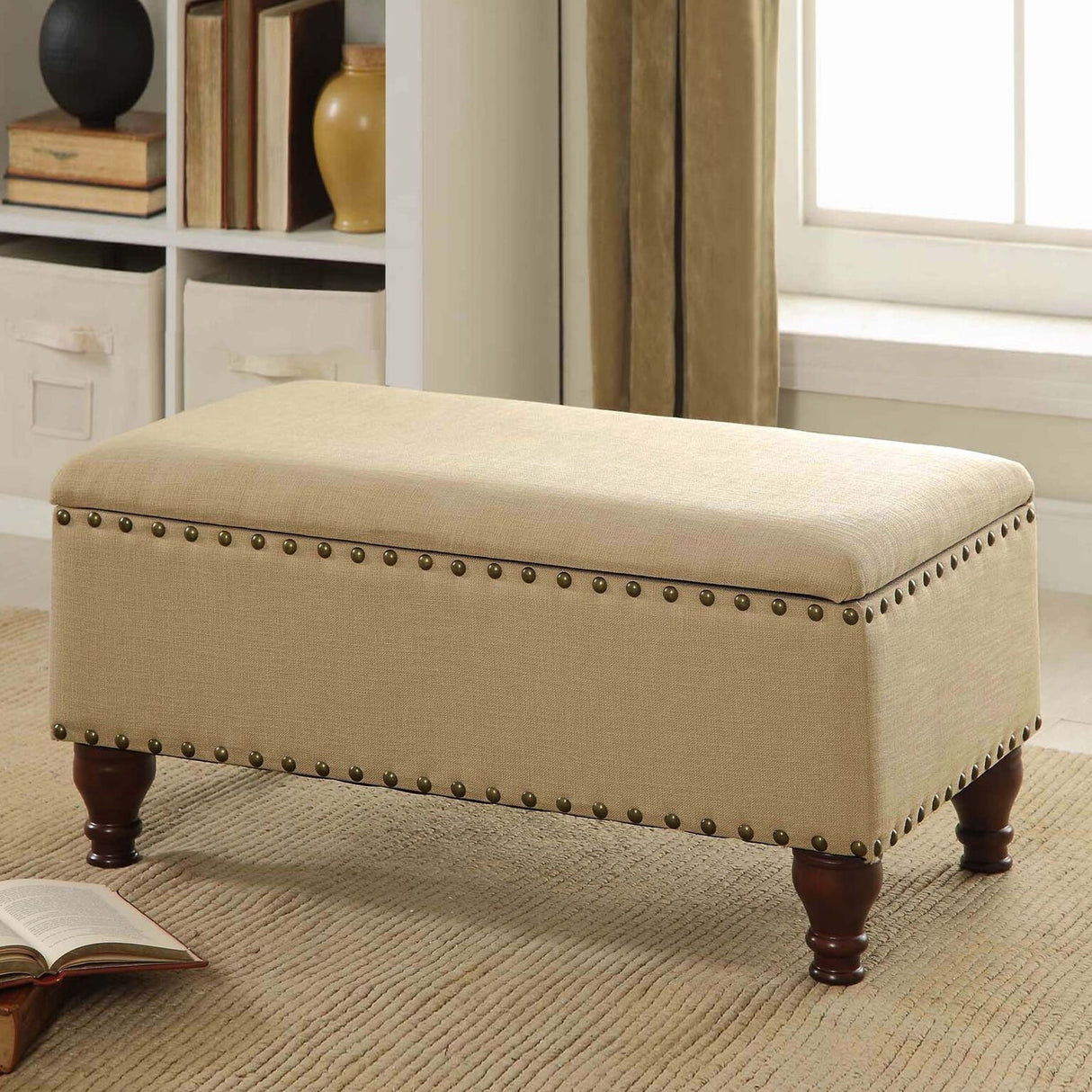 Homepop Home Decor | Upholstered Storage Bench with Nailhead Trim | Ottoman with Storage for Living Room & Bedroom | Decorative Home Furniture (Tan ) Large HomePop