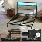 Full Size Bed Frame with Headboard, Metal Platform Bed Frame with LED Lights & Charging Station, Under Bed Storage, Solid and Stable, No Box Spring Needed, Noise Free, Easy Assembly, Rustic Grey RVONOW