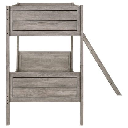 Ryder Twin Over Twin Solid Wood Bunk Bed in Weathered Taupe with Guardrail & Ladder by Coaster Home Furnishings - WoodArtSupply