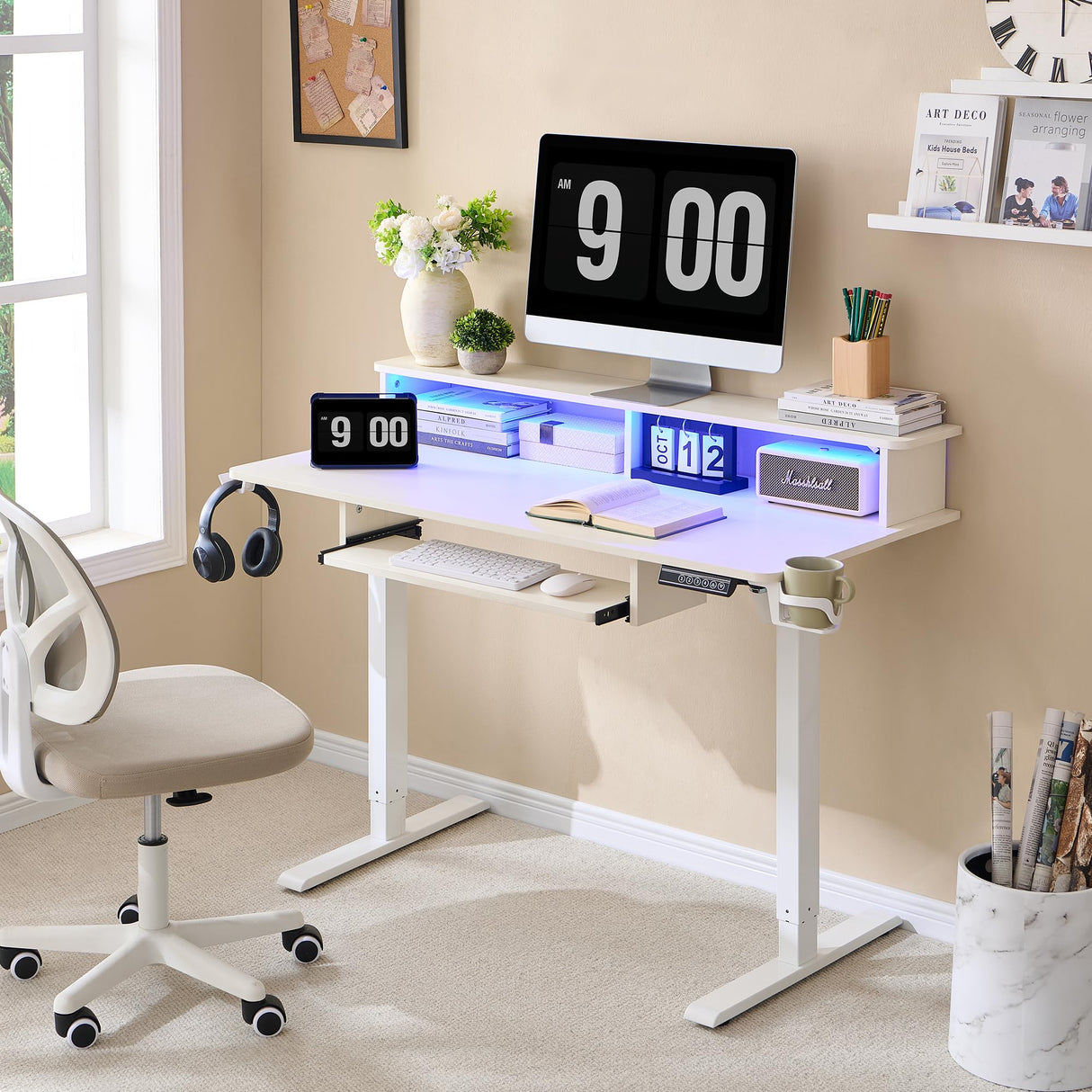 OKD Electric Standing Desk Adjustable Height, 48" x 24" Sit Stand Desk with LED Lights, Keyboard Tray, and Monitor Shelf - Modern Ergonomic Home Office Desk for Gaming and Work, Antique White OKD