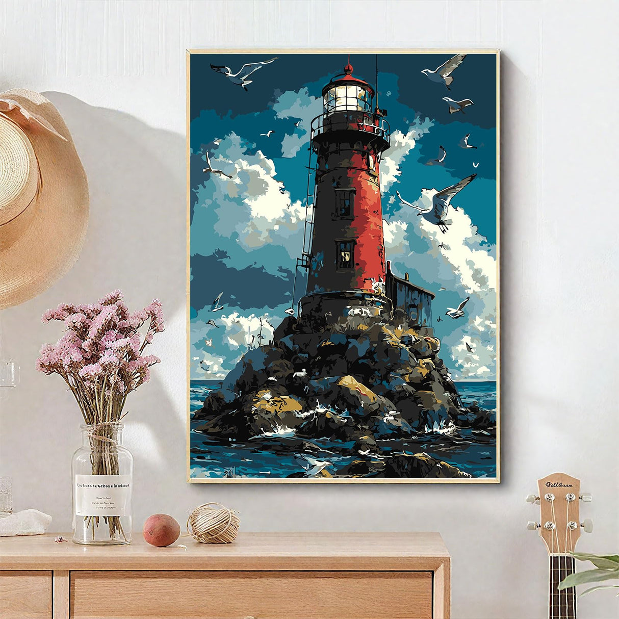 EMIEAUFG Creative Paint by Number Kit for Adults,Beacon in The Middle of The Ocean DIY Paint by Numbers Set for Home Decor and Gifting - 12x16 Inch EMIEAUFG