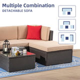 Vongrasig 5 Piece Patio Furniture Sets, All-Weather PE Rattan Wicker Outdoor Sectional Couch, Small Patio Conversation Set with Glass Table for Garden Pool, Beige Vongrasig