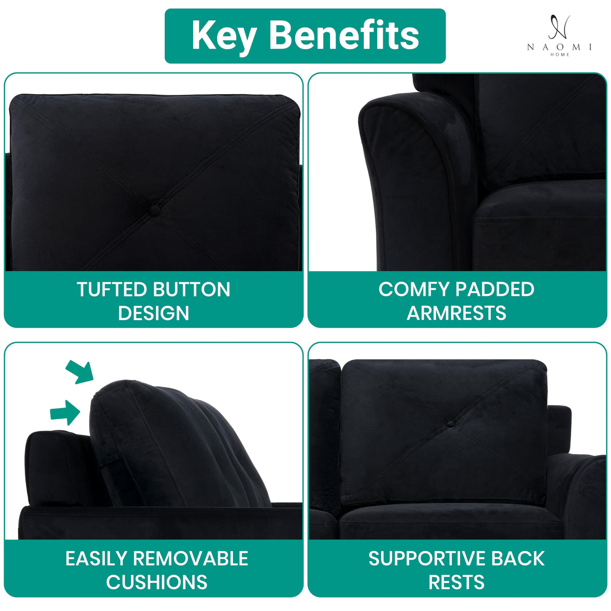 Raelynn Button Tufted Loveseat Affordable Black Loveseat for Budget-Conscious Buyers Microfiber Couch for Small Spaces Durable Sturdy Living Room Furniture Tool-Free Assembly and Easy Maintenance Naomi Home