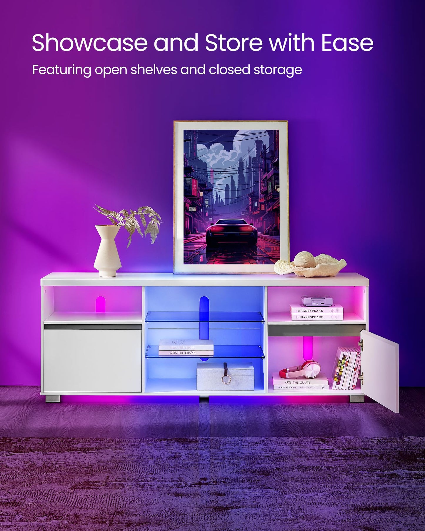 VASAGLE Stand with LED Lights 70 Inch, Entertainment Center with Open Glass Shelves, 2 Cabinets with Doors, 63 Long, TV Console for Bedroom Living Room, White ULTV330T10, 63 x 15.7 x 23.6 Inc - WoodArtSupply