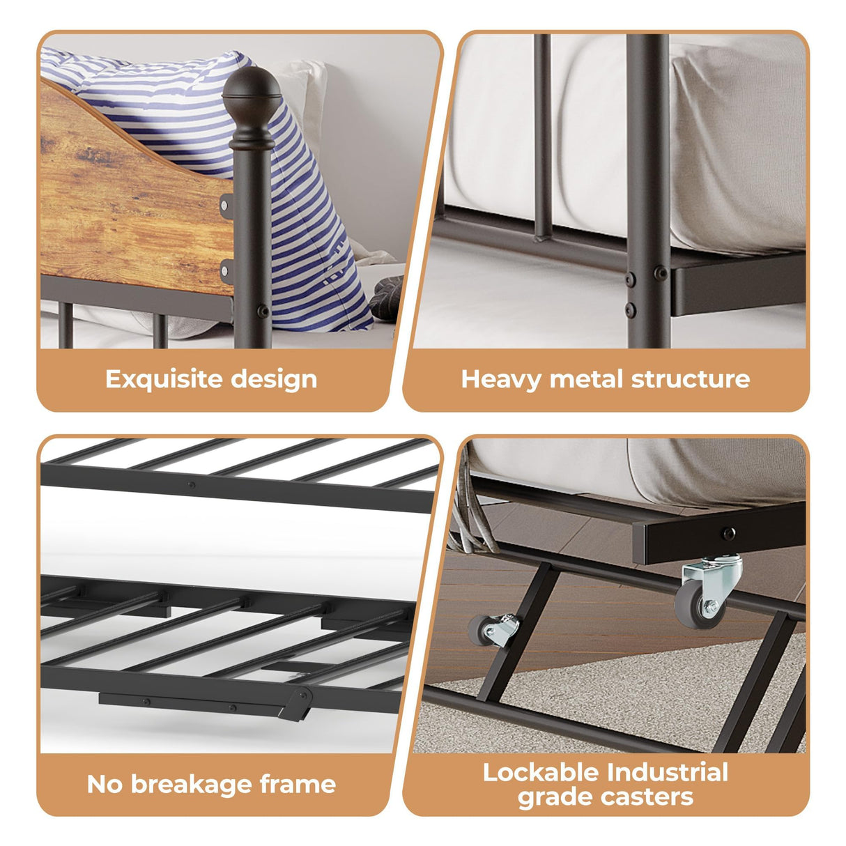 Daybed with Trundle, Sturdy Metal Twin Size Day Bed with Stylish Headboard, Height Adjustable Trundle Bed Twin, Heavy Duty Steel Slats Platform for Living Room, Bedroom and Guest Room, Brown GarveeHome