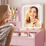 LIVELYGLOW Vanity Desk Set with Square Mirror and Light- Small Vanity Tale with Drawers- Pink LIVELYGLOW