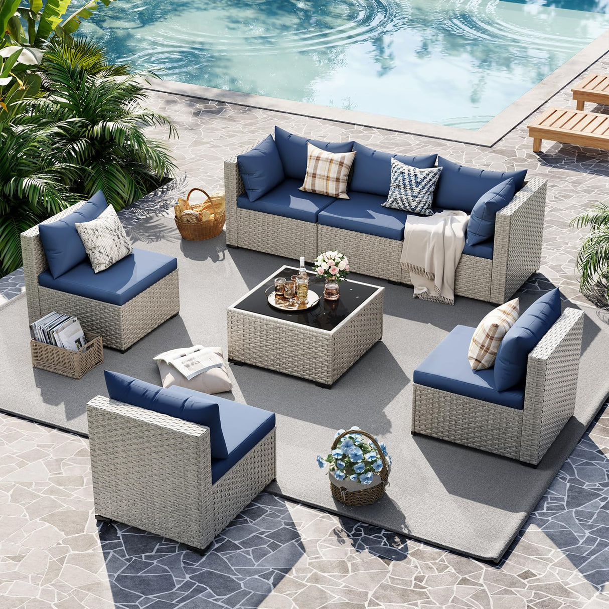 UDPATIO Outdoor Patio Furniture Set, 7-Piece Modular Sectional Sofa with Tea Table, PE Wicker Outdoor Conversation Set for Patio, Garden, Backyard Blue UDPATIO