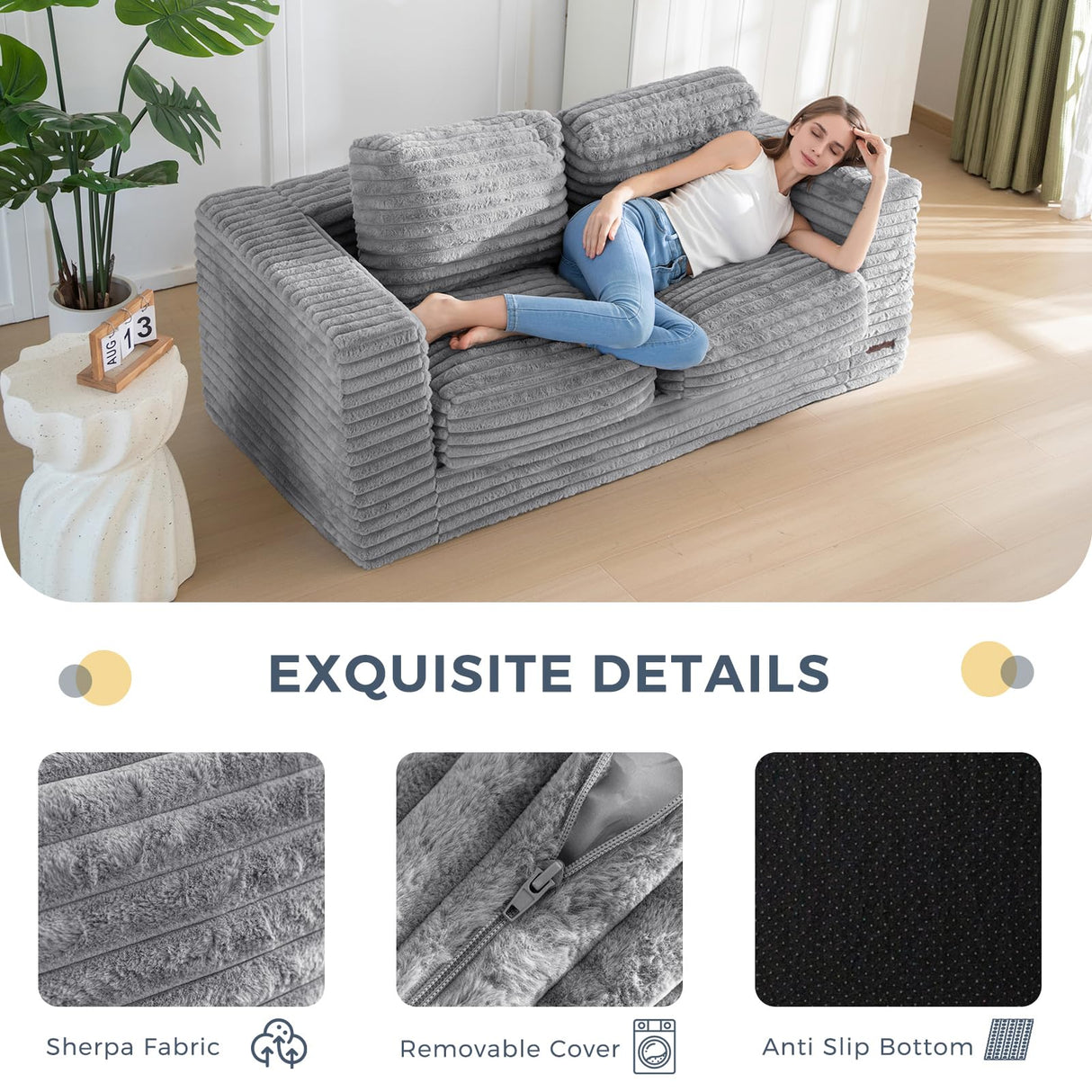 MAXYOYO Giant Bean Bag Chair for Adults, Upholstered Loveseat Floor Sofa with Pillows and Armrests, Large Bean Bag Sofa Plush Chair Bean Bag Couch for Bedroom Living Room, Grey MAXYOYO