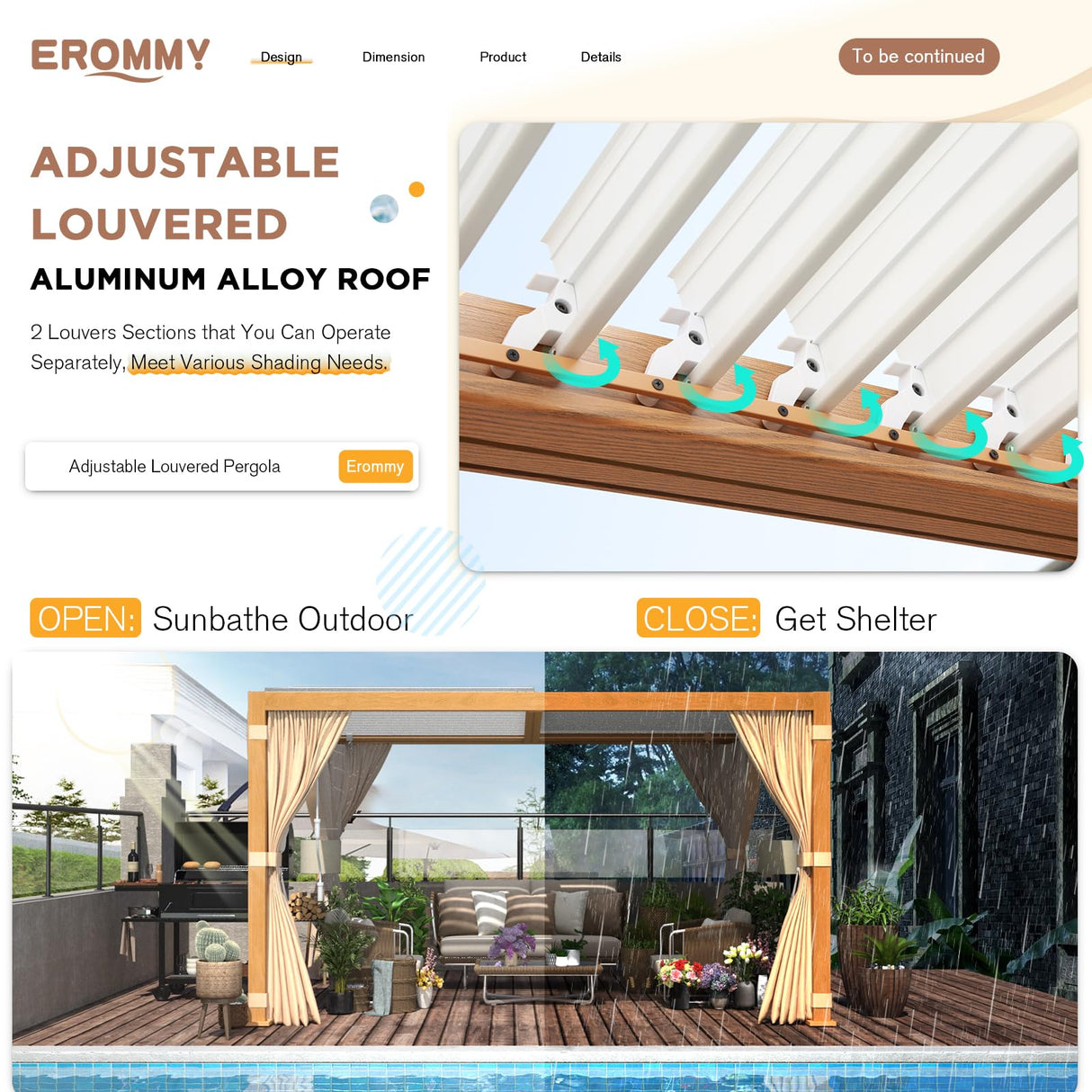 EROMMY Louvered Pergola 11'x13' Outdoor Hard Top Mansard Roof Gazebo with Aluminum Wooden Grain Frame and Adjustable Metal Rainproof Roof for Garden & Patio, Curtains and Netting Included, Wood Grain EROMMY