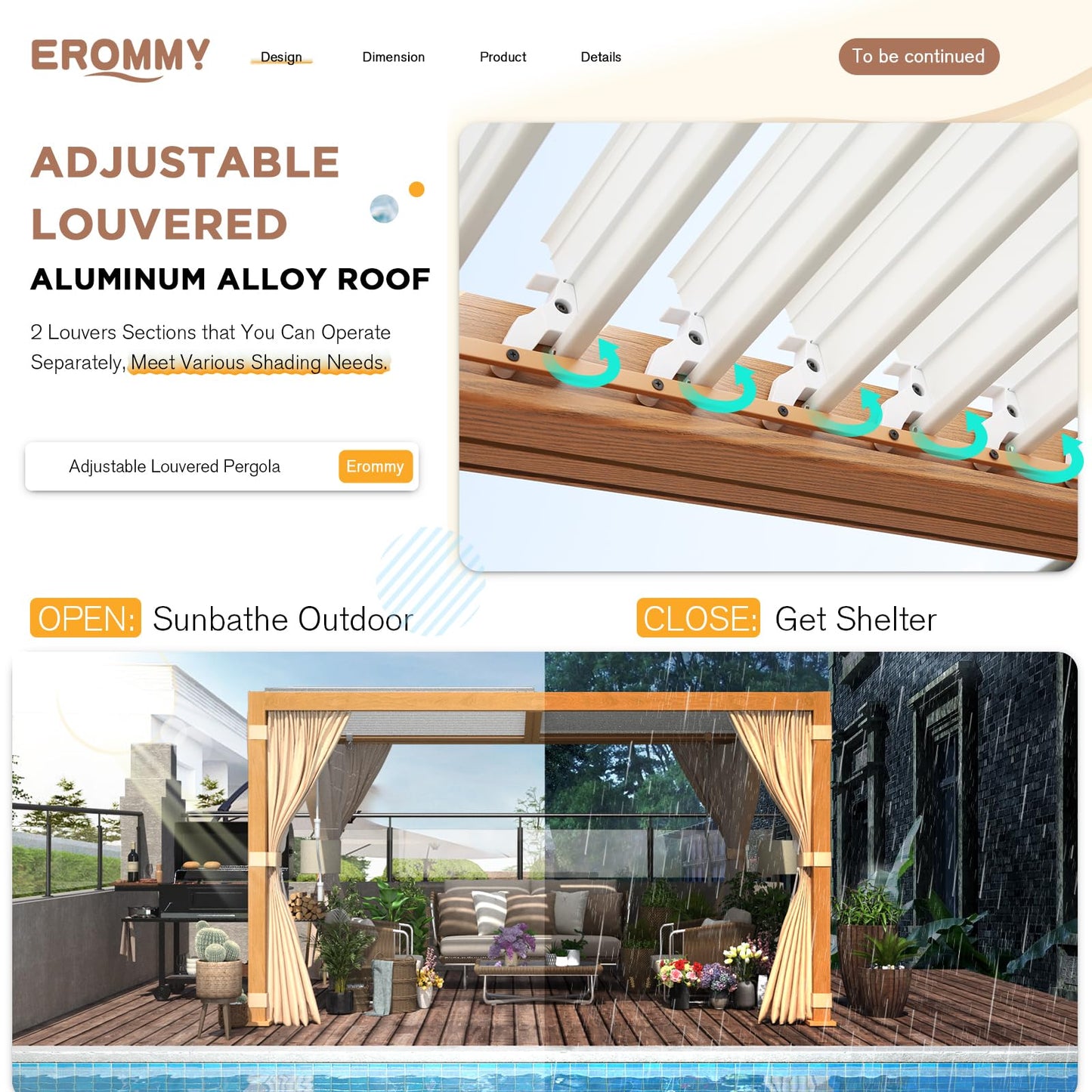 EROMMY Louvered Pergola 11'x13' Outdoor Hard Top Mansard Roof Gazebo with Aluminum Wooden Grain Frame and Adjustable Metal Rainproof Roof for Garden & Patio, Curtains and Netting Included, Wood Grain