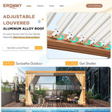 EROMMY Louvered Pergola 11'x13' Outdoor Hard Top Mansard Roof Gazebo with Aluminum Wooden Grain Frame and Adjustable Metal Rainproof Roof for Garden & Patio, Curtains and Netting Included, Wood Grain EROMMY