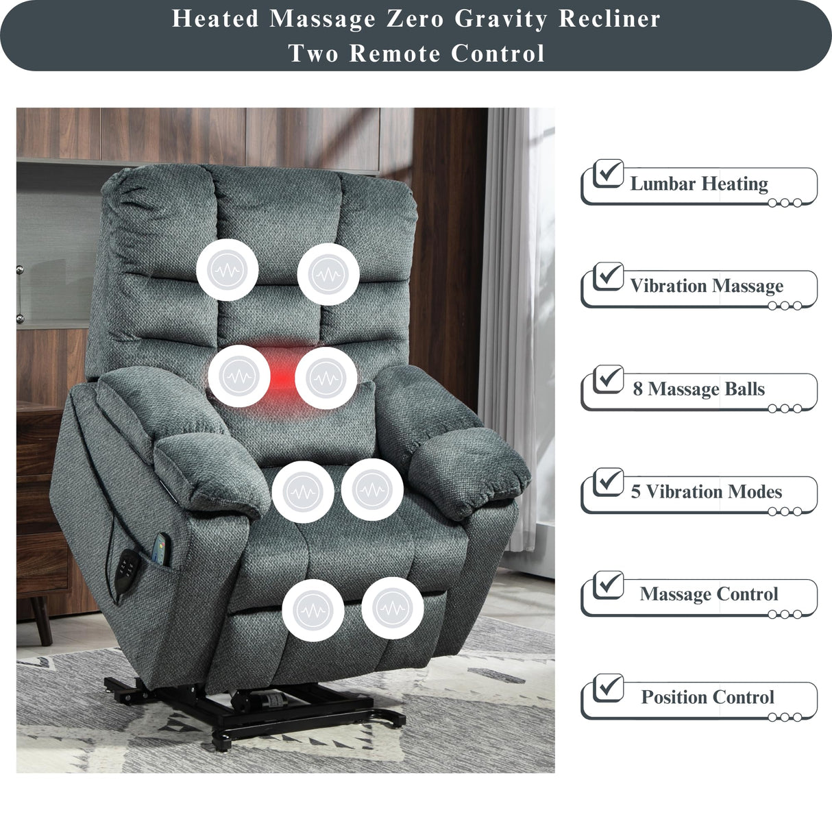 JUUXO 3-Motor Lift Chair with Adjustable Seat Height Zero Gravity Lay Flat Recliner with Heat Massage, Big Man Lift Recliners 400 lbs for Elderly Storage Cup Holders, Tall Man Recliner JUUXO