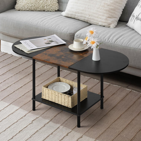 Coffee Tables for Living Room,2-Tier Small Oval Center Table Industrial Modern Style Coffee Tables with Storage Shelf and Wood Tabletop for Small Space,Home Office,Brown & Black Shinoske