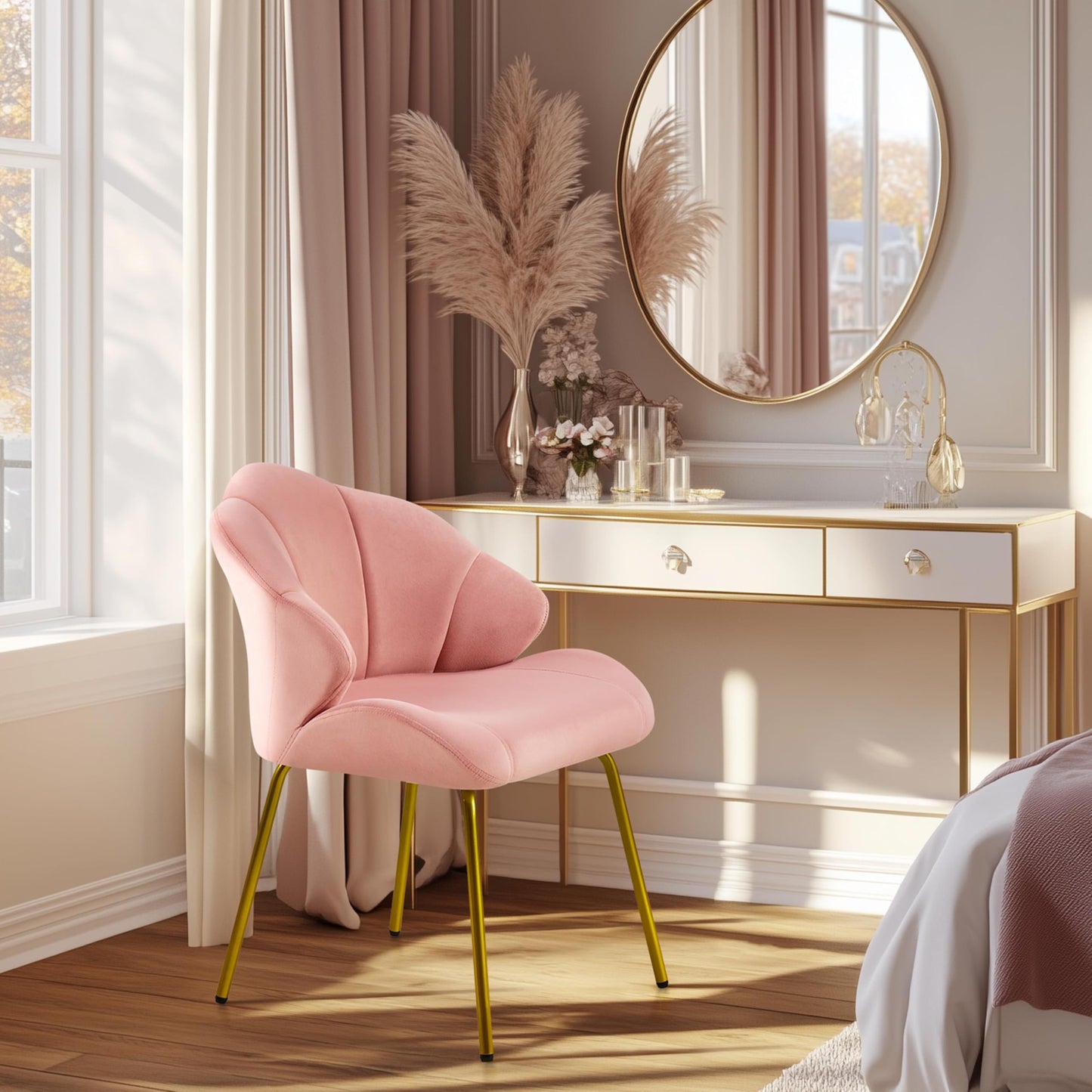 Yaheetech Velvet Accent Chair, Cute Vanity Chair with Shell-Shaped Backrest, Modern Armchair Side Chair with Golden Legs for Living Room/Bedroom/Home Office/Makeup, Pink