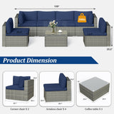 7-Piece Modular Patio Furniture Set, Wicker Outdoor Sectional Sofa with Cushions and Coffee Table, All Weather Patio Conversation Sets for Porch Balcony Backyard, Dark Blue Kiss the Water