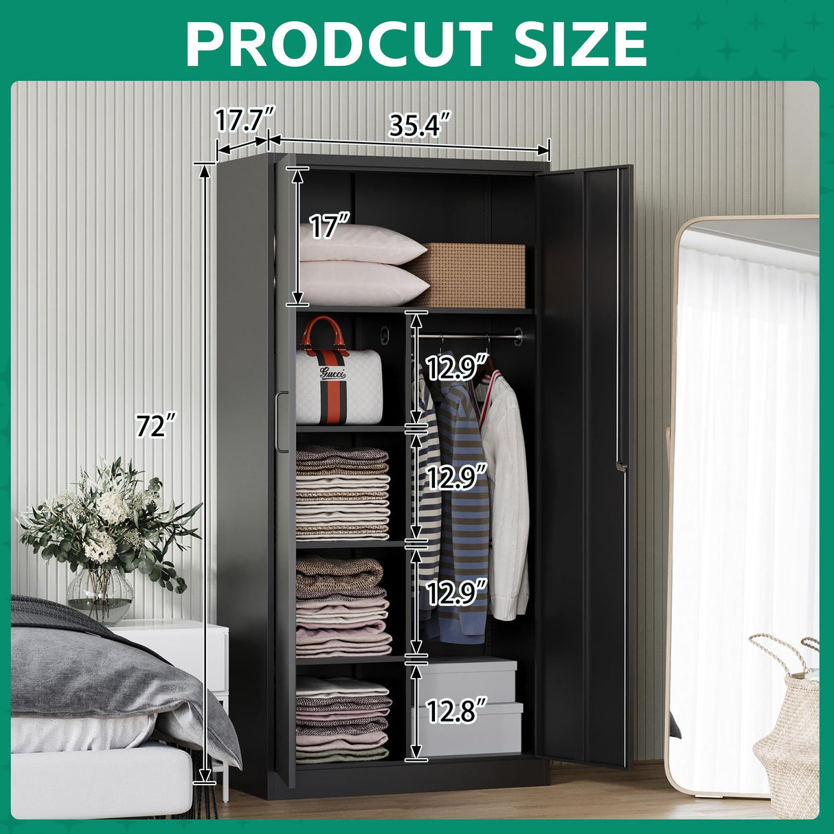 Letaya Metal Storage Cabinets Locker with Lock Door, 72'' Clothing Coat Steel Storage Freestanding Wardrobe for Office, Home, School, Employee,Gym,Fire Department (Black) Letaya