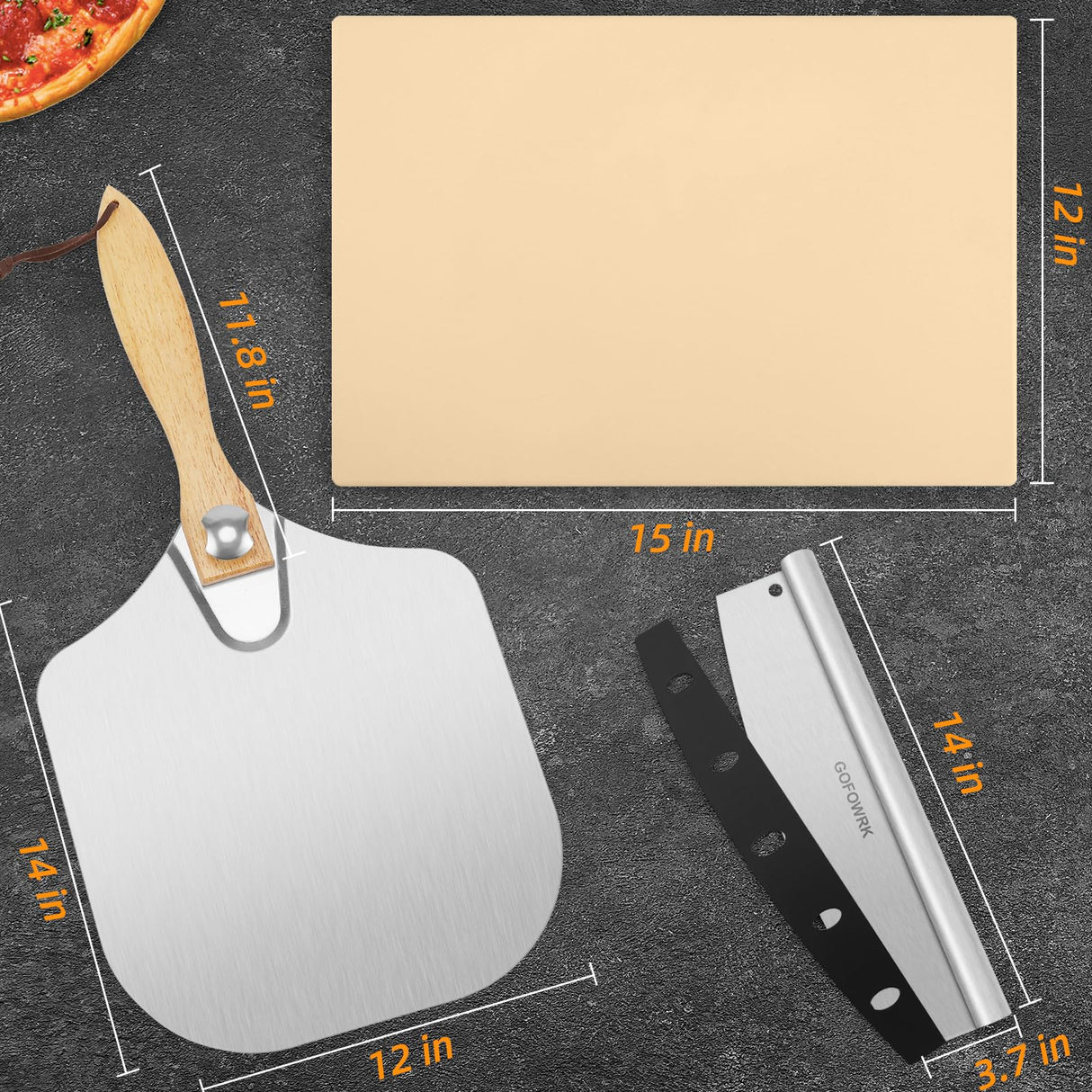 Pizza Stone 5 PCS Set, 15 x 12" Large Rectangle Pizza Stone Set for Oven with Metal Pizza Peels & Cutter Rocker, 0.6'' Thickened Stone Pizza Pan, Grill Baking Stone for Outdoor Grill for Pizza, Bread GOFOWRK