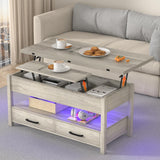 SYESWAY Lift Top Coffee Table with LED, 3-in-1 Multifunctional Coffee Table with Drawers and Hidden Compartments, Coffee Table Converts to Dining Table, for Living Room, Reception Room, Grey SYESWAY