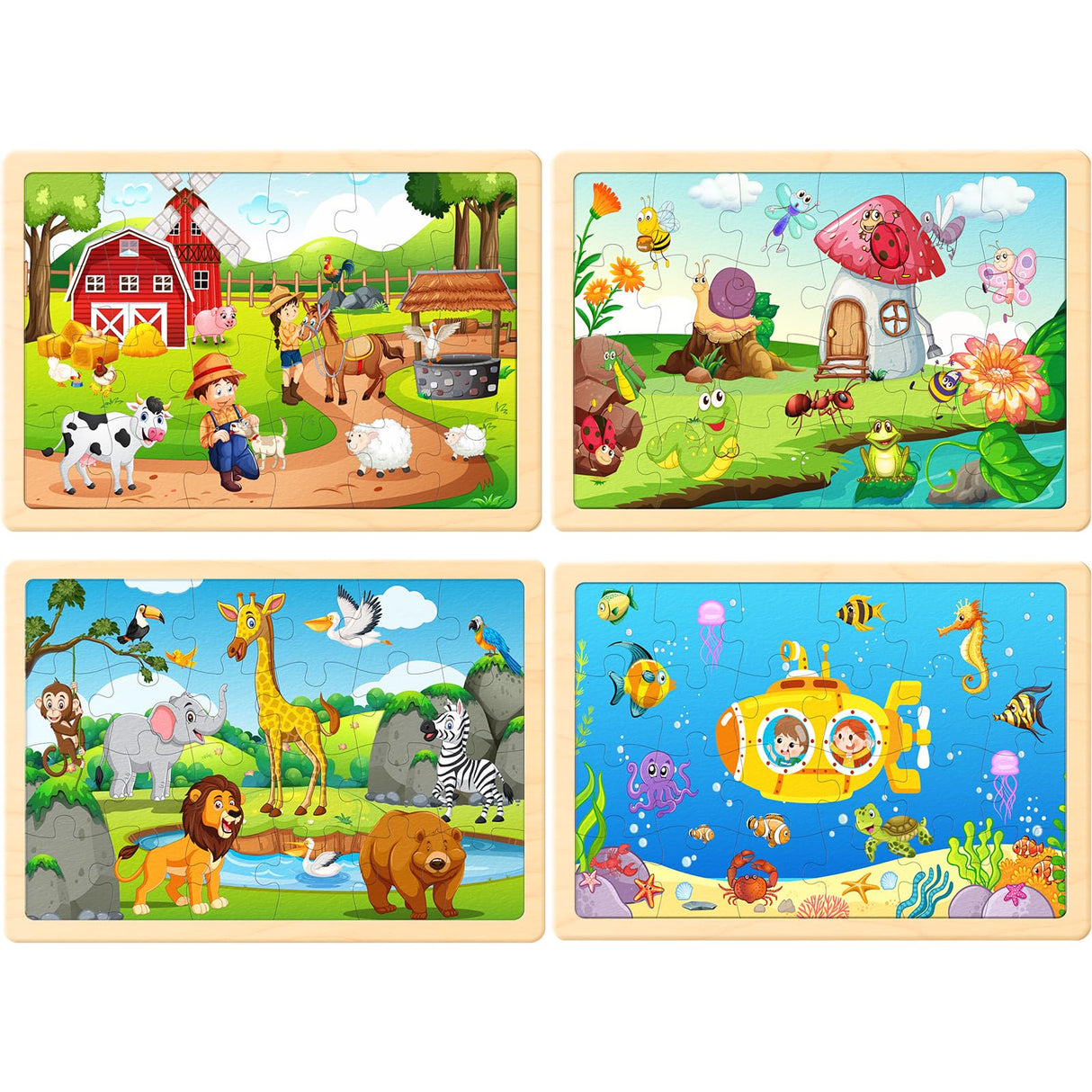 TQU Wooden Puzzles Toys for Kids Ages 4-6 3-5, Set of 4 Packs with 24-Piece, Farm, Zoo, Insects, Sea Animals Wood Jigsaw Puzzles, Preschool Educational Brain Teaser Toys TQU