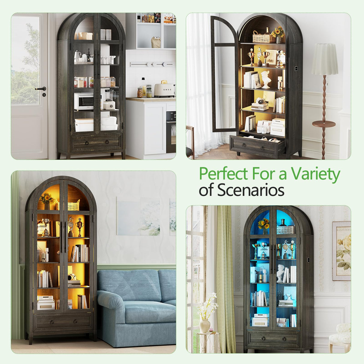 HNEBC Book Shelf with LED Lights, Arched Display Case with Storage Cabinet, Smart File Cabinet with Glass Door, Curio Cabinet with Solid Wood Legs for Home Office/Bedroom Furnniture-Brown HNEBC