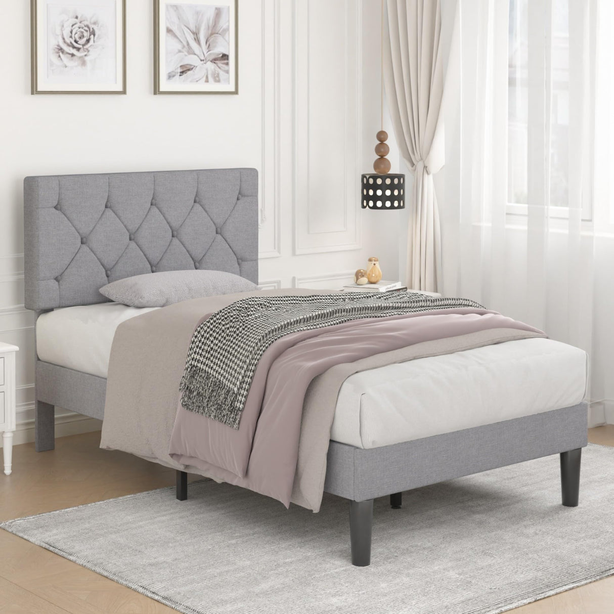 VECELO Twin Bed Frame with Button Tufted Headboard, Upholstered Platform with Wooden Slat Support, No Box Spring Needed, Grey VECELO