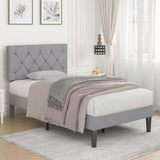 VECELO Twin Bed Frame with Button Tufted Headboard, Upholstered Platform with Wooden Slat Support, No Box Spring Needed, Grey VECELO