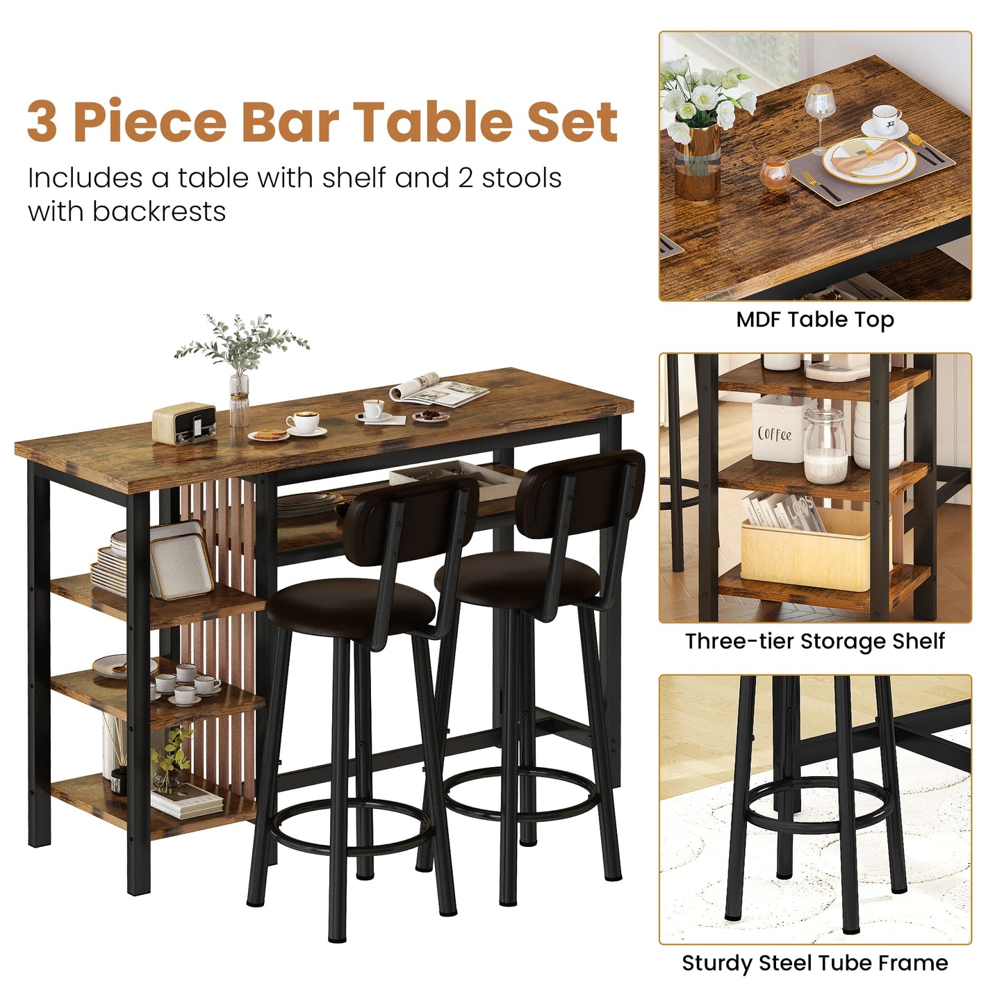 Recaceik Rustic Brown Counter Height Dining Set with Bar Table and 2 Upholstered Stools and Storage Shelves - WoodArtSupply