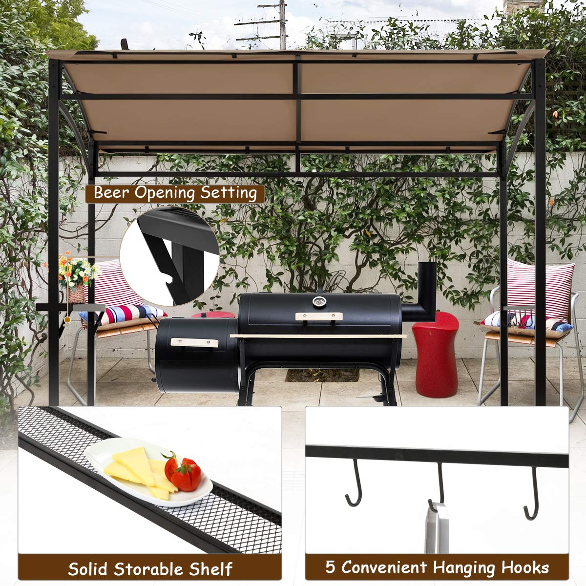 Tangkula 7ft Grill Gazebo, Patio Barbecue Canopy with Serving Shelf and Storage Hooks, Curved Grill Shelter w/Heavy-Duty Steel Frame Sunshade Gazebo for Outdoor Garden (Coffee) Tangkula