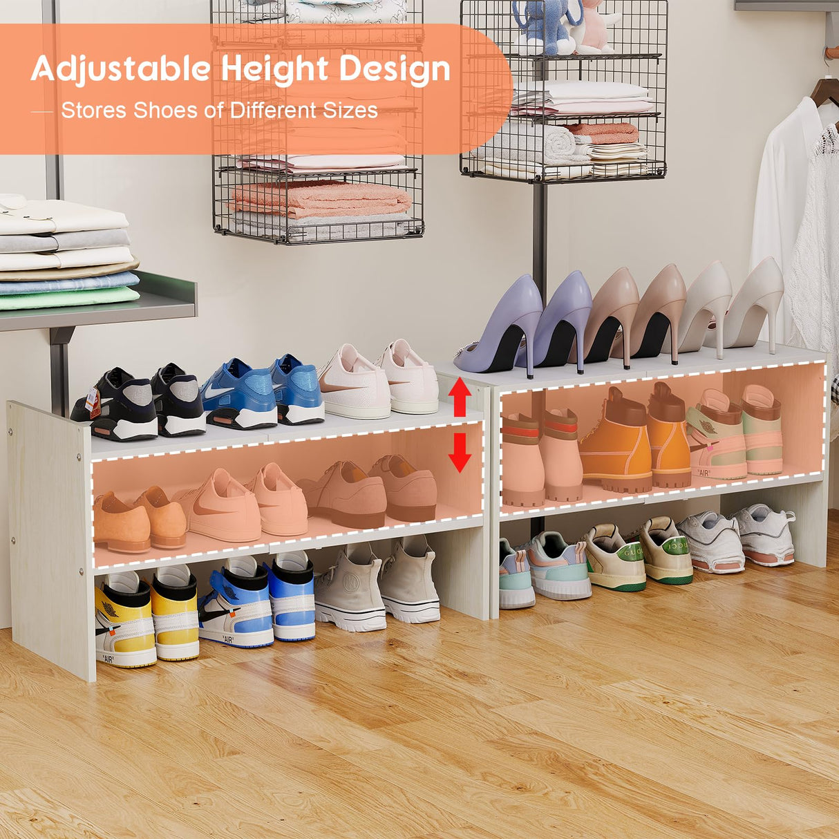 X-cosrack 2-Tier Shoe Rack Organizer for Closet, Expandable and Adjustable White Shoe Rack, Stackable Iron Wood Combination Shoe Storage Shelves for Closets, Entryway, Small Space, Hallway, Garage X-cosrack