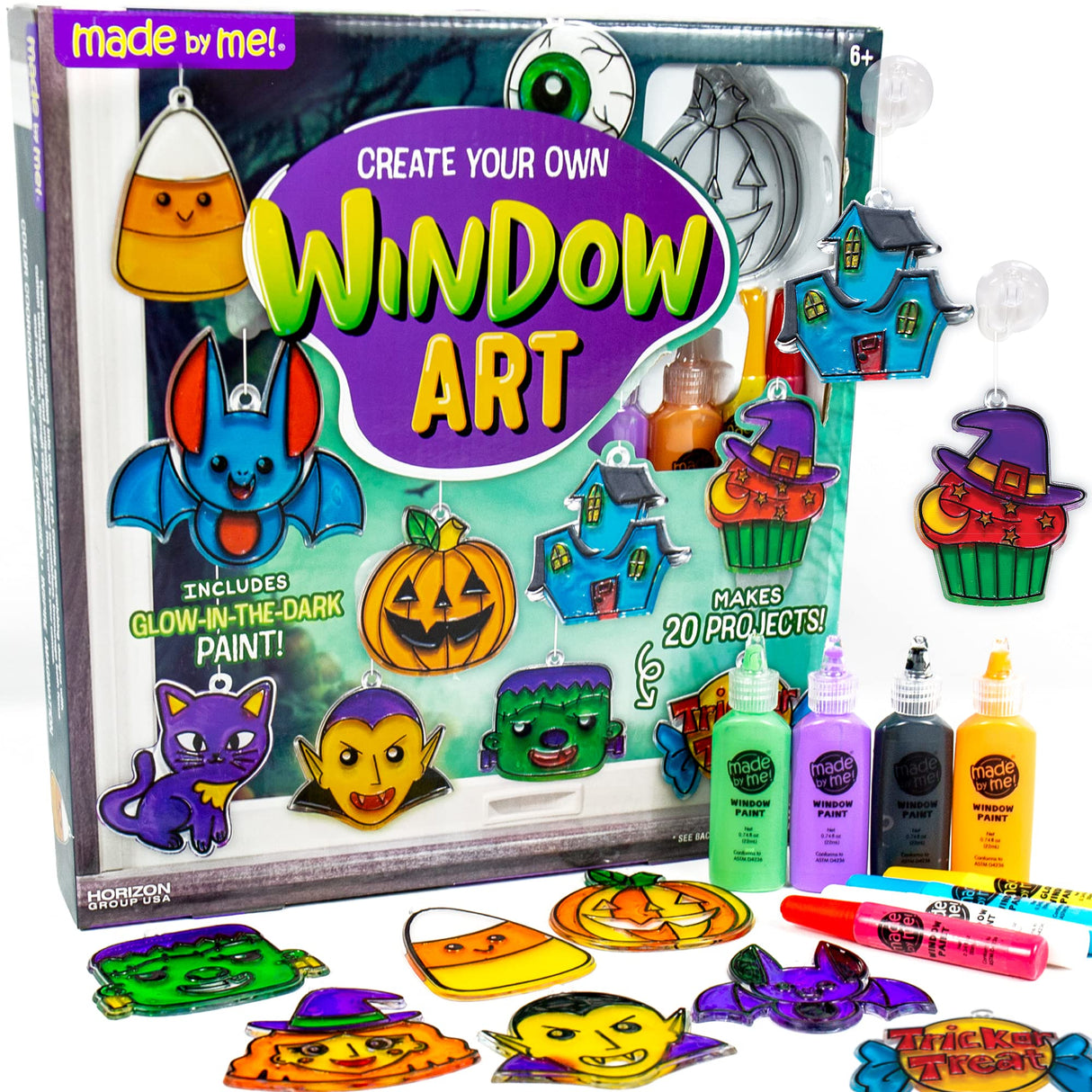 Made By Me Create Your Own Halloween Window Art by Horizon Group USA, Make 20 Projects, Includes Suncatcher Frames & Window Clings, Glow-in-The-Dark Paint, Paint Tubes, Suction Cups & Cording,Multi Made By Me