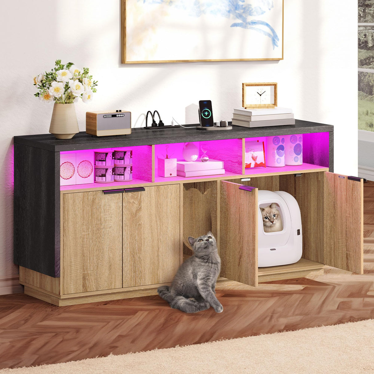 DWVO Cat Litter Box Enclosure for 2 Cats, Litter Box Furniture Hidden with Power Outlet & LED Light, Wooden Cat Cabinet TV Stand Furniture w Double Rooms for Indoor Cats, 59" L x15.7 W x27.5 H, Oak DWVO