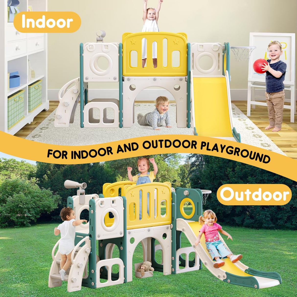 8 in 1 Toddler Slide Set, Kids Slide for Toddlers, Toddler Climber Slide PlaySet with Basketball Hoop,Outdoor Indoor Playground for Toddlers Upgraded MOCUTEEN