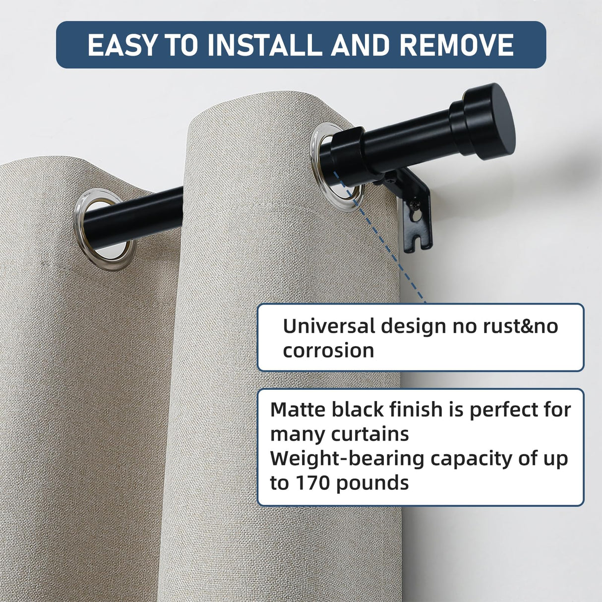 Joydeco Curtain Rods for Windows 16 to 120 inches Adjustable Decorative Window single rod with Aluminium Finials(16" to 120",1PCS,Black) Joydeco