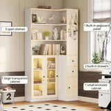IRONCK Corner Bookshelf with LED Lights, 78.7" Tall Corner Bookshelves with 2 Drawers & Transparent Doors, 7 Tiers L-Shaped Bookcase with Open Shelves and Pegboards for Living Room, Home Office, White IRONCK