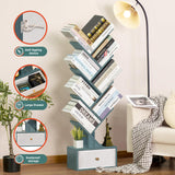 SHEEPAM 8-Tier Navy Blue Tree Bookshelf with Drawer - Stylish Storage Organizer for Small Spaces SHEEPAM