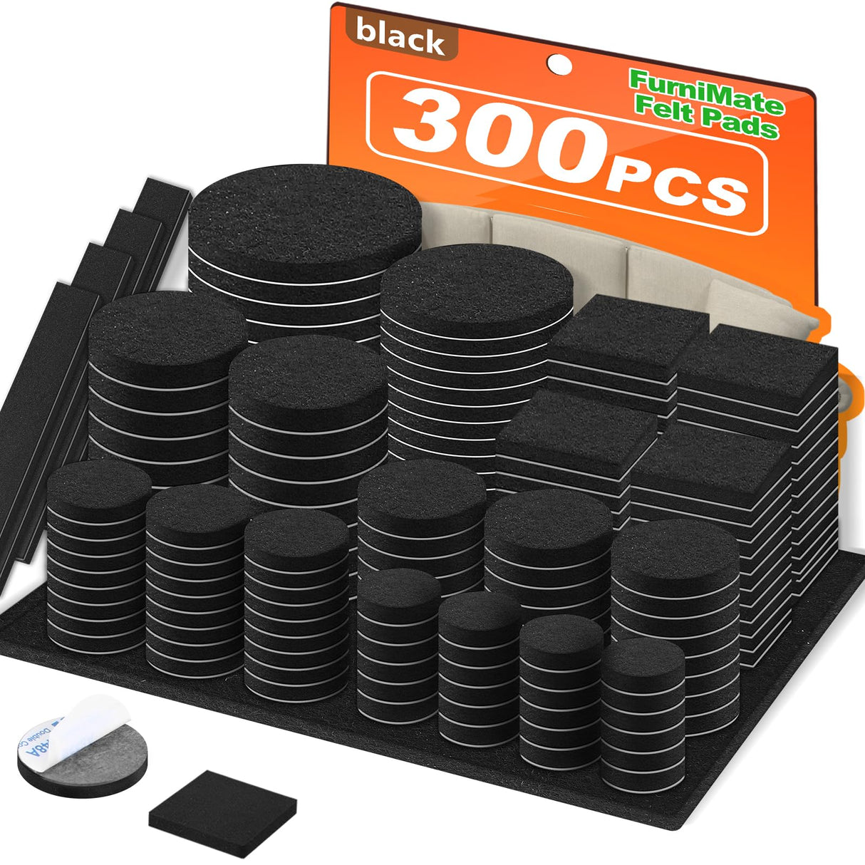 Felt Furniture Pads 300 Pieces, Furniture Pads for Hardwood Floors, Felt Pads for Chair Legs Furniture, Floor Protectors for Furniture Black FURNIMATE