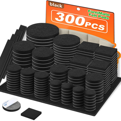 Felt Furniture Pads 300 Pieces, Furniture Pads for Hardwood Floors, Felt Pads for Chair Legs Furniture, Floor Protectors for Furniture Black FURNIMATE