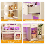 HUAHUU Vanity Desk with Mirror and Lights, Makeup Vanity Desk with Lights 3 Colors, Transparent Top Vanity with 2 RGB Drawers, 6 Shelves, Large Tempered Cabinet, Power Outlet, for Bedroom, White HUAHUU
