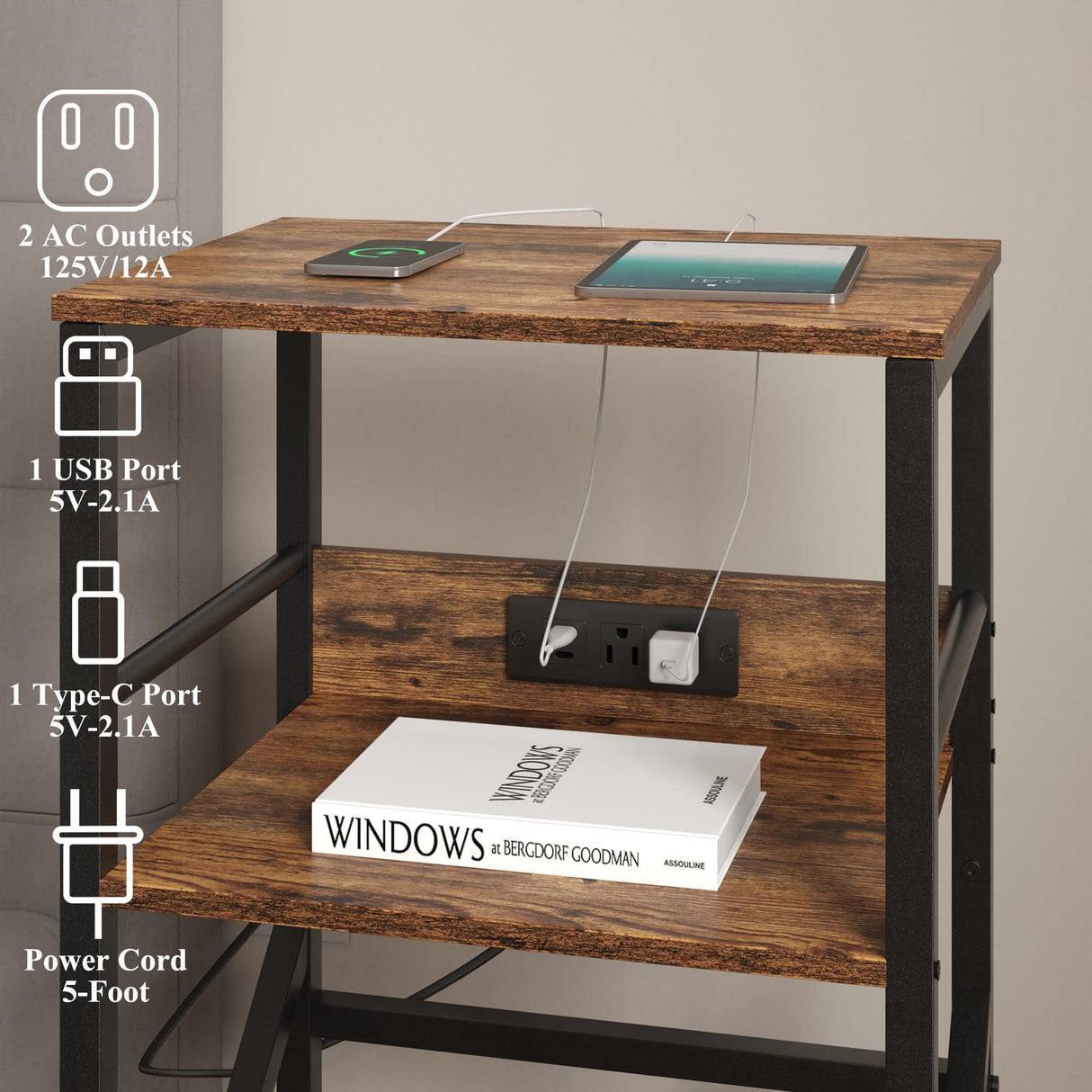 DALEMHOME Record Player Stand with Charging Station, Turntable Stand with Storage, Record Table for Vinyl, 3 Tier End Table for Living Room, Bedroom, Rustic Brown HKET1001BR DALEMHOME