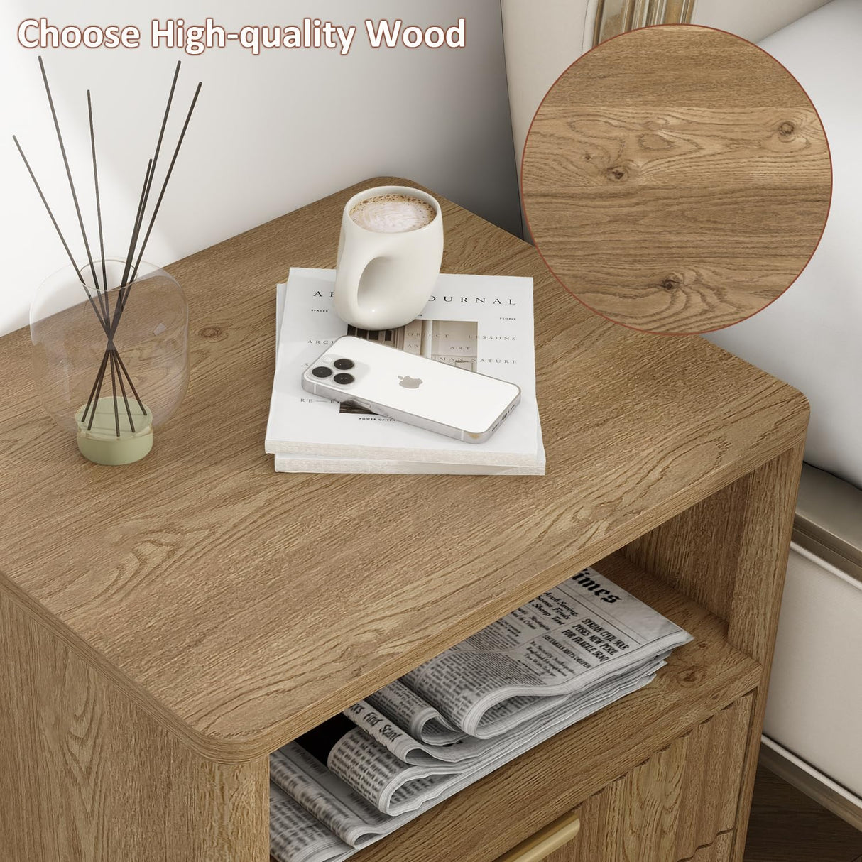 Fluted Nightstands Set of 2, Brown Night Stands with 2 Drawers and Open Shelves, Wooden Bedside Table Modern Design End Table for Bedroom Sofa Office (2, Natural Oak) ROCSUMOO