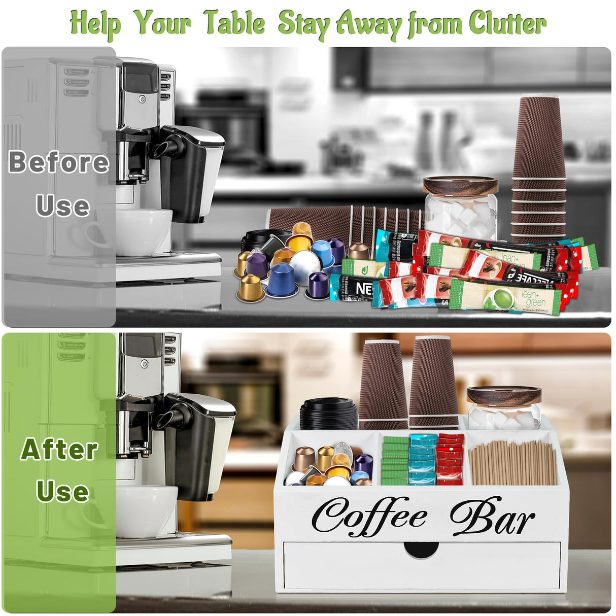 Coffee Bar Organizer Countertop, Wooden Coffee Bar Accessories Organizer With Drawer, Coffee Station Organizer Coffee Pods Holder Storage Basket, Farmhouse Coffee and Tea Condiment Organizer Station ugiftt