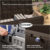 Suncast DBW9200 99 Gallon Outdoor Wicker Plastic Patio Storage Chest Bin with Handles for Patio, Garden, Garage, or Pool for All Weather, Mocha Suncast