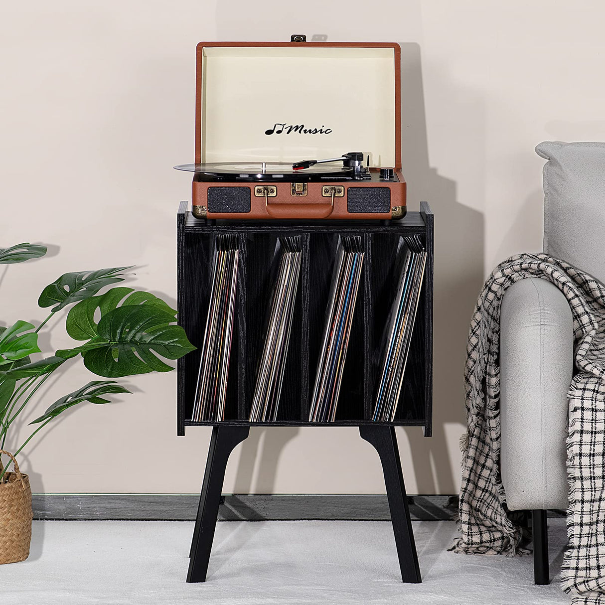 LELELINKY Record Player Stand,Black Vinyl Record Storage Table with 4 Cabinet Up to 100 Albums,Mid-Century Turntable Stand with Wood Legs,Vinyl Holder Display Shelf for Living Room LELELINKY