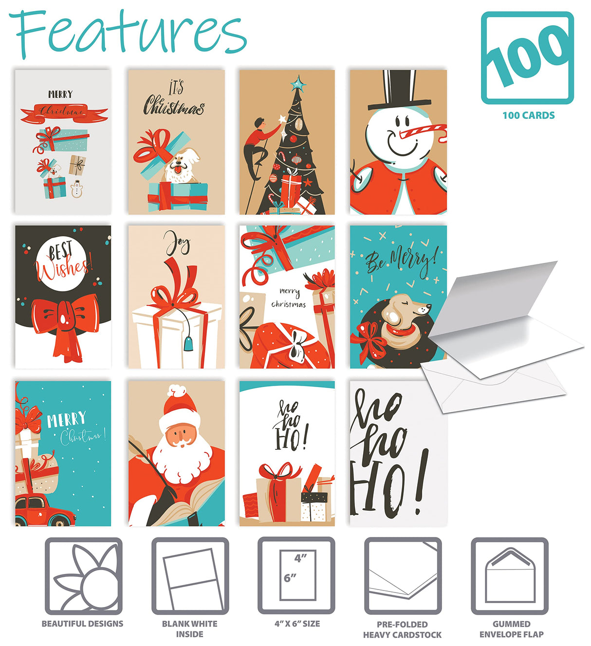 Better Office Products Christmas Holiday Greeting Card Set, 100 Pack, 4 x 6 Inch, 12 Assorted Custom Illustrative Designs, Blank Inside, Complete with Envelopes, 100 Christmas Cards Set Better Office Products