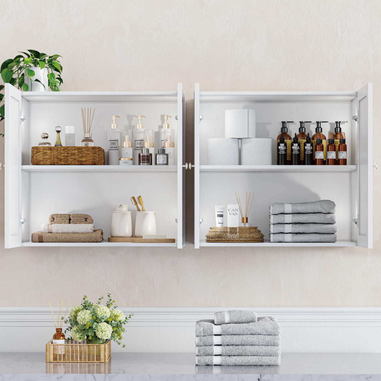 Furnaza Rattan Wall Cabinets Set - Kitchen Wall Mounted Storage Cabinets with 2 Paper Rattan Doors and Shlelf Adjustable in Laundry or Bathroom Over The Toilet,One Set of 2 Pcs, in White Furnaza