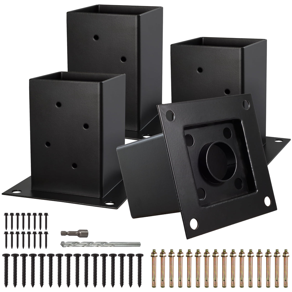 (4 PCS) LADECH 4x4 Post Anchor Base with Bottom Drainage Hole, Black Powder Coated Brackets for Fence Posts, Pergola, Mailbox Post, Come with Wood Screws and Concrete Anchors (4, 4x4) LADECH