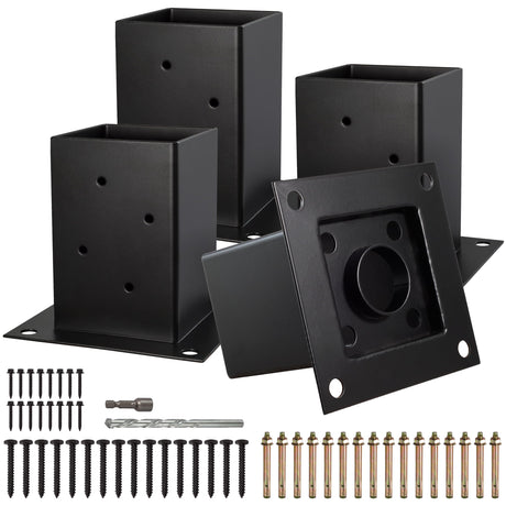 (4 PCS) LADECH 4x4 Post Anchor Base with Bottom Drainage Hole, Black Powder Coated Brackets for Fence Posts, Pergola, Mailbox Post, Come with Wood Screws and Concrete Anchors (4, 4x4) LADECH